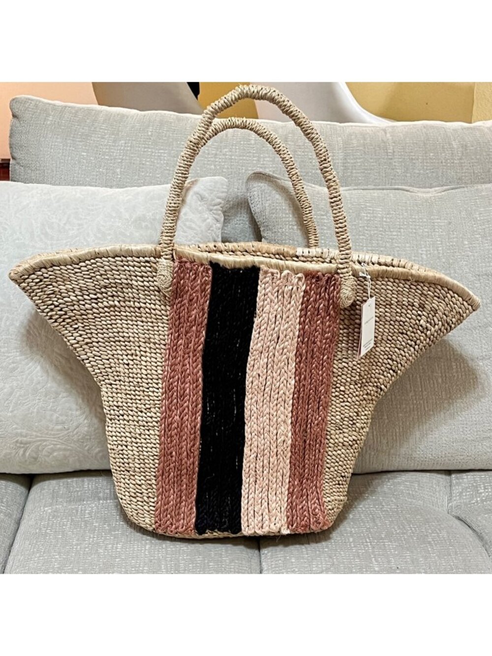 Handwoven Straw Tote Bag With Pink & Black Stripes By Indego Africa NWT $200